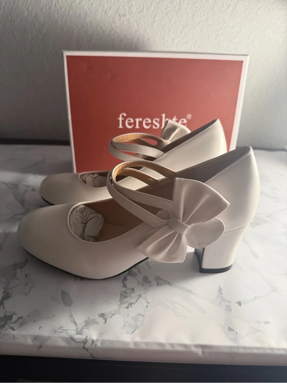 Women's Cream Mary Jane Flats with Bow Strap